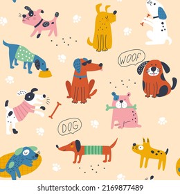 Seamless pattern with cute dogs. Vector illustrations