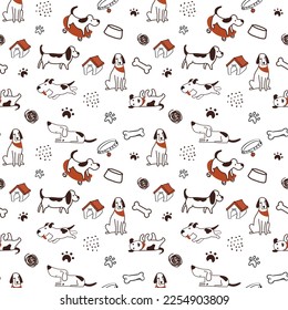 Seamless pattern with cute dogs. Vector illustration with funny puppies. Unique background for fabric, textile design, wrapping paper or wallpaper. Eps 10.