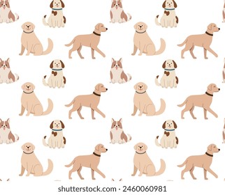 Seamless pattern with cute dogs. Vector backdrop in flat style.	