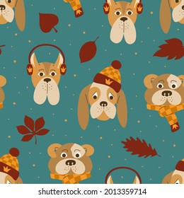Seamless pattern of cute dogs with warm autumn accessories on the green background. Dogs with scarf, hat and headphones.