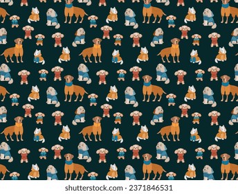 Seamless pattern Cute dogs in warm winte rcostume. Flat vector cattoon.