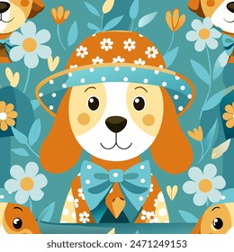 Patrón sin fisuras con perros lindos que llevan trajes de verano coloridos daisy tulip dog friend.Colorido dibujado a mano Ilustración vectorial de fondo.