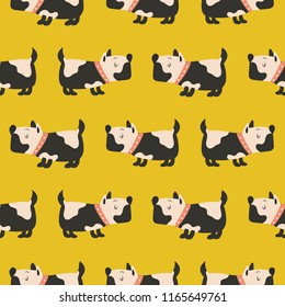 Seamless pattern with cute dogs yellow background.