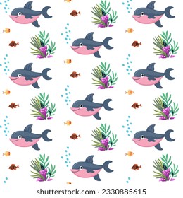 Seamless pattern with cute dolphin and algae on white background