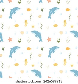 Seamless pattern with cute dolphin, fish, corals, sea ​​horse, shells. Vector kids illustration cartoon style. Sea animal, sea life, shells, seaweed. Flat design. Underwater life.