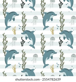 Seamless pattern with cute dolphin. Marine animals. Cartoon sea. Background with underwater characters.