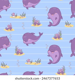 Seamless pattern with cute dolphin on blue striped background. Vector illustration. Cartoon animal kawaii character. Kids collection