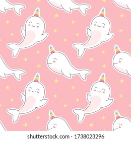 Seamless pattern cute dolphin unicorn. Girlish print for textiles, packaging, fabrics, wallpapers.