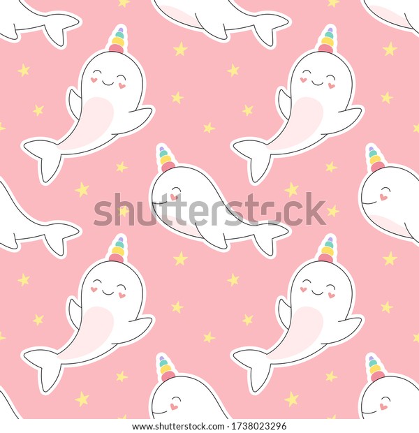 Seamless pattern cute\
dolphin unicorn. Girlish print for textiles, packaging, fabrics,\
wallpapers.