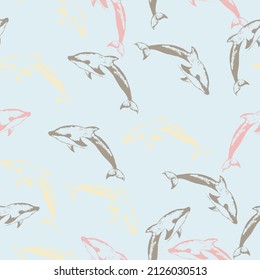 Seamless pattern with cute dolphins in cartoon doodle style.  Marine theme, ocean. Summer graphic design pattern with cute fishes. Vector.