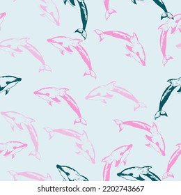 Seamless pattern with cute dolphins in cartoon doodle style.  Childish animals in cartoon style.