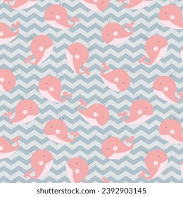Patrón sin foco con lindos delfines en el estilo de doodle de dibujos animados. Fondo de la ilustración vectorial en colores rosados.