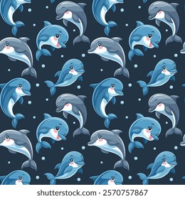 Seamless pattern with cute dolphins in cartoon style. Vector background for the design of children's things.