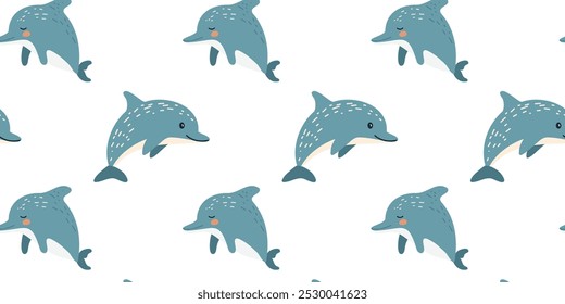 Seamless pattern with cute dolphins jumping through waves, in children's style