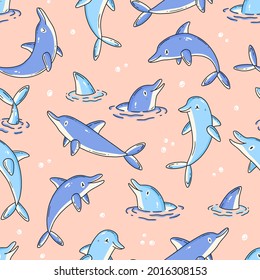 Seamless pattern with cute dolphins on a pink background in cartoon doodle style. Vector illustration background.