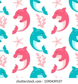 Seamless pattern of cute dolphins, underwater world on a white background. Vector baby print for packaging, fabrics, wallpapers, textiles.