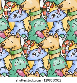Seamless pattern with cute domestic animals. Kawaii doodle pets. Vector endless illustration