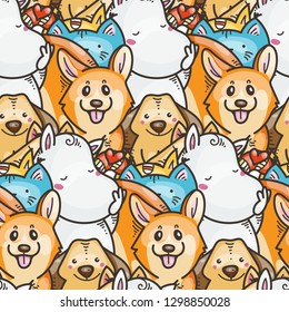 Seamless pattern with cute domestic animals. Kawaii doodle pets. Vector endless illustration