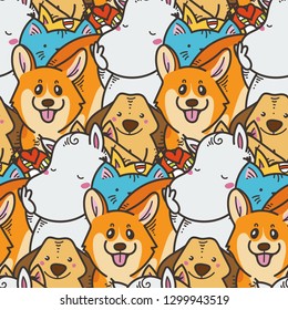 Seamless pattern with cute domestic animals. Kawaii doodle pets. Vector endless illustration
