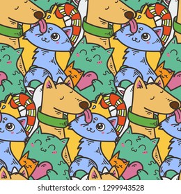 Seamless pattern with cute domestic animals. Kawaii doodle pets. Vector endless illustration