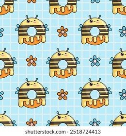 Seamless pattern with cute donut bee. Funny kawaii cartoon character on blue checkered background with flowers. Vector illustration. Kids collection