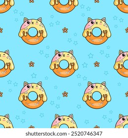 Padrão sem emenda com gato donut bonito. Engraçado personagem de desenho animado kawaii doce comida no fundo azul. Coleção Kids. Ilustração vetorial