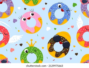 Seamless Pattern with cute donuts. Colorful sweet dessert template with kawaii faces, smiles, icing and accessories. Design element for printing on fabric or paper. Cartoon flat vector illustration