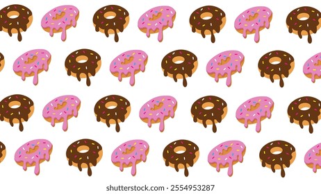 Seamless pattern with cute donuts. Delicious donuts with different fillings. Design for packaging, fabric, wallpaper, cover, and many more.