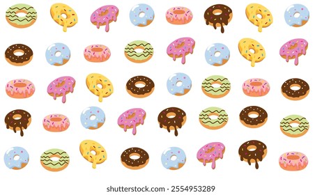 Seamless pattern with cute donuts. Delicious donuts with different fillings. Design for packaging, fabric, wallpaper, cover, and many more.
