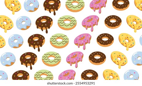 Seamless pattern with cute donuts. Delicious donuts with different fillings. Design for packaging, fabric, wallpaper, cover, and many more.