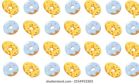 Seamless pattern with cute donuts. Delicious donuts with different fillings. Design for packaging, fabric, wallpaper, cover, and many more.
