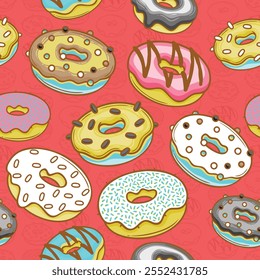 Patrón sin fisuras con donas lindas con varios colores atractivos, crema, dulce, sabroso, chispas, chocolate, fresa, diseño de ilustración de Arte vectorial