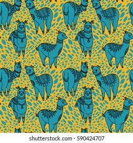 seamless pattern with cute doodle alapaca in boho style, yellow and blue colors,  vector illustration