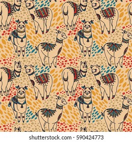 seamless pattern with cute doodle alapaca in boho style, vector illustration