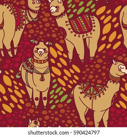 seamless pattern with cute doodle alapaca in boho style, vector illustration