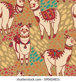 seamless pattern with cute doodle alapaca in boho style, vector illustration