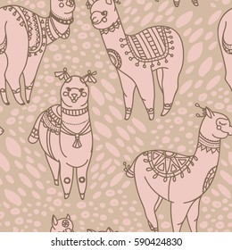 seamless pattern with cute doodle alapaca in boho style, pale dogwood color, vector illustration