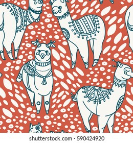 seamless pattern with cute doodle alapaca in boho style, red and white colors, vector illustration