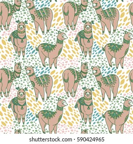 seamless pattern with cute doodle alapaca in boho style, vector illustration