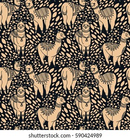 seamless pattern with cute doodle alapaca in boho style on black background, vector illustration