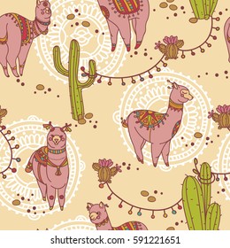 seamless pattern with cute doodle alapaca in boho style and cactus, vector illustration