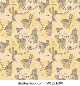 seamless pattern with cute doodle alapaca in boho style and cactus, vector illustration