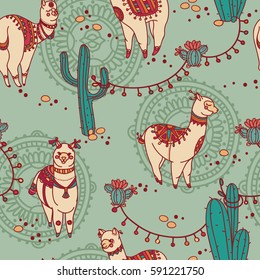 Seamless Pattern With Cute Doodle Alapaca In Boho Style And Cactus, Vector Illustration