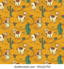 seamless pattern with cute doodle alapaca in boho style and cactus, vector illustration