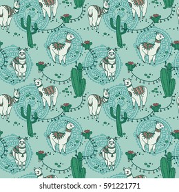 seamless pattern with cute doodle alapaca in boho style and cactus, vector illustration