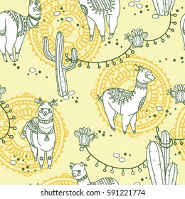 seamless pattern with cute doodle alapaca in boho style and cactus, yellow color, vector illustration