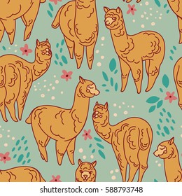 seamless pattern with cute doodle alpaca and flowers, retro palette, vector illustration