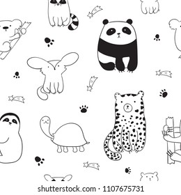 Seamless pattern with cute doodle animals. Perfect for postcard, birthday, baby book, children room. Panda, koala, sloth, leopard, raccoon, turtle