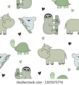 Seamless pattern with cute doodle animals. Perfect for postcard, birthday, baby book, children room. Koala, sloth, hippo, turtle