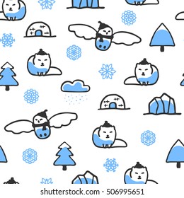 Seamless pattern with cute doodle arctic fox and snowy owl. North animals with snowflakes, igloo and iceberg. Funny owl and fox wear scarves